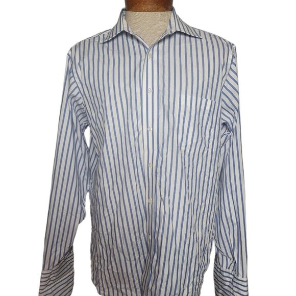 Donald Trump Signature Collection Striped Dress Shirt French Cuffs White Blue - Picture 1 of 10
